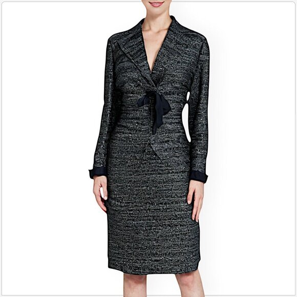 Max Mara Black White Tweed Cotton Wool Linen Blend Ribbon Skirt Suit Size 14 10 - Picture 1 of 9